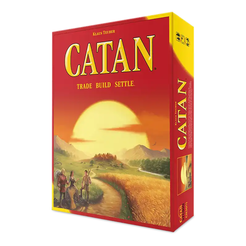 Pudełko gry planszowej Catan z ikoniczną grafiką zachodu słońca i klasyczną rozgrywką handlu surowcami.