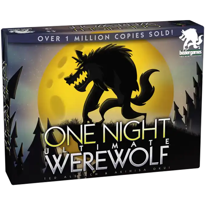 Pudełko gry społecznej dedukcyjnej One Night Ultimate Werewolf, zaprojektowanej na szybkie party i ukryte role.