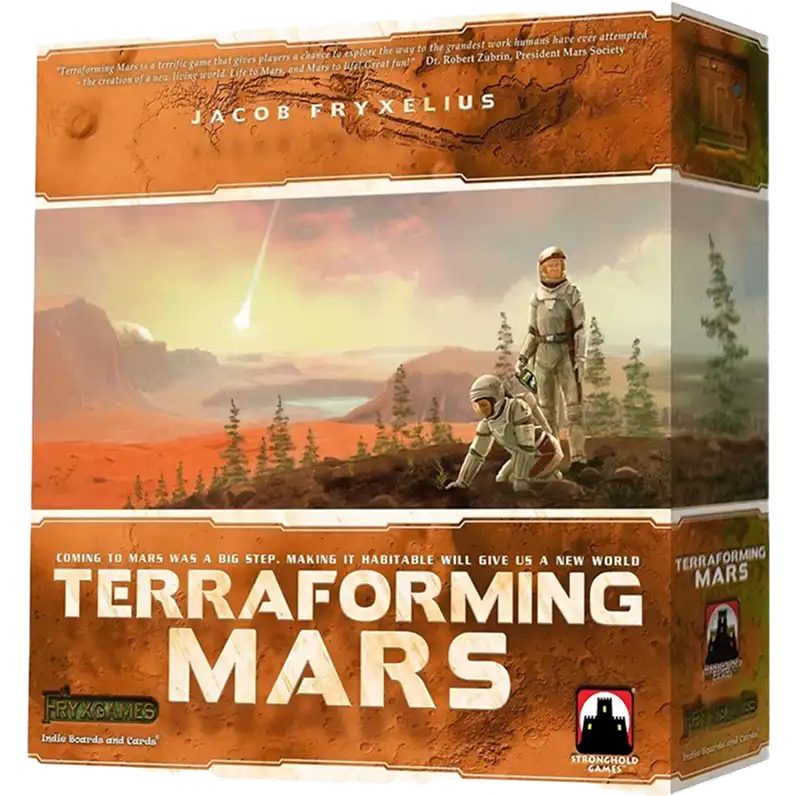 Pudełko gry planszowej Terraforming Mars z futurystyczną grafiką kolonizacji Marsa i głęboką strategiczną rozgrywką zarządzania zasobami.