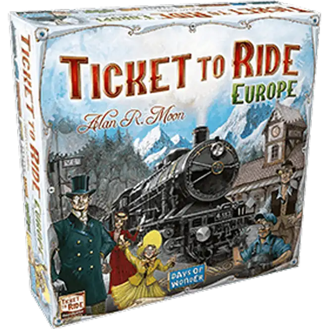 Pudełko gry planszowej Ticket to Ride Europe oferujące strategiczną rozgrywkę kolejową po europejskich destynacjach.